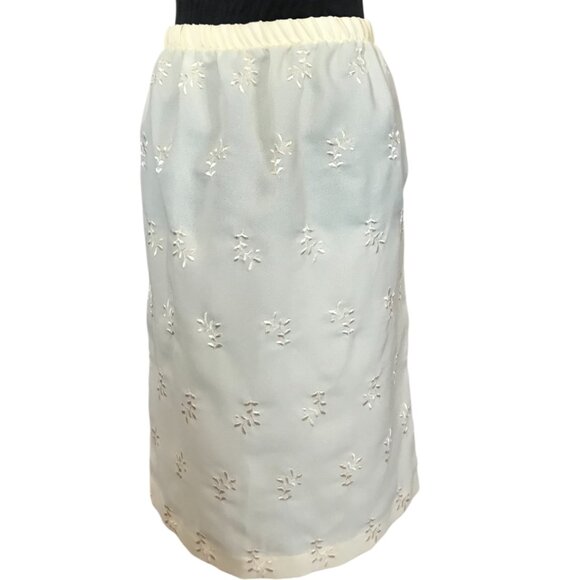 70s Floral Elastic Waist Embroidered Skirt: Vintage Yellow Polyester Size 14 - Picture 7 of 12